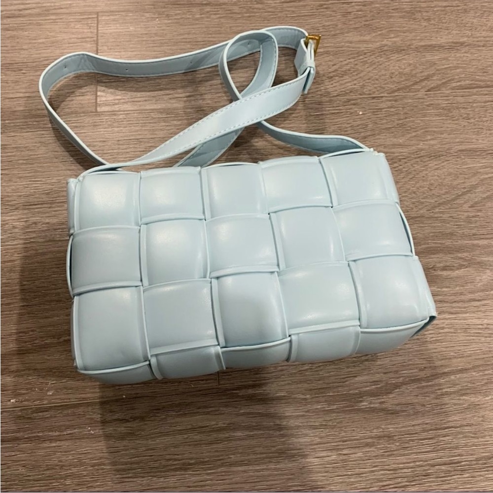 Blue casette crossbody bag padded quilted braided